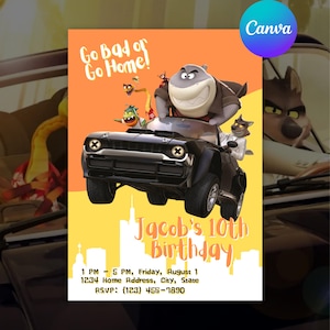 May include: A birthday party invitation featuring cartoon characters in a black car against an orange and yellow background. The text "Go Bad or Go Home!" is at the top, with "Jacob's 10th Birthday" below. Includes event details and RSVP information.