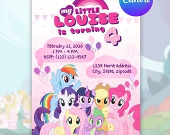 Plantilla de invitación de cumpleaños editable inspirada en My Little Pony (descarga digital, plantilla de Canva)