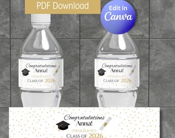 Etiquetas para botellas de agua para fiesta de graduación, decoración DIY para graduación, promoción de 2026 (plantilla editable de Canva)