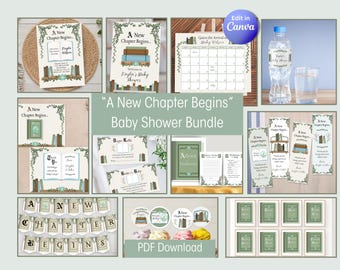 Paquete de decoración para baby shower "Comienza un nuevo capítulo", letreros y decoraciones imprimibles con temática de libros (plantillas editables de Canva)