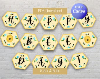 Pancarta imprimible para fiesta de cumpleaños con temática de abejas, decoración para el Día de las Abejas (descarga en PDF y plantilla editable en Canva)