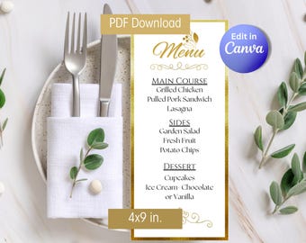 Menú elegante dorado para cena de graduación, menú para brunch de graduación, celebración de la promoción de 2026 (plantilla editable de Canva)