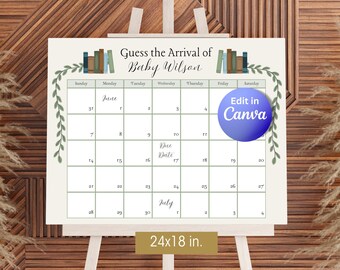 Comienza un nuevo capítulo: Calendario para baby shower con fecha de parto prevista, Tablero para adivinar la fecha de llegada (Plantilla editable de Canva)