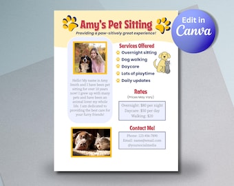 Folleto publicitario para cuidadores de mascotas, anuncios de cuidado de perros y gatos, guardería canina (plantilla editable de Canva)