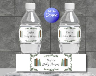 Etiquetas para botellas de agua con temática de libros para baby shower: Comienza un nuevo capítulo. Decoración DIY para baby shower (plantilla editable de Canva).