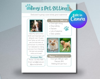 Folleto de cuidado de mascotas, anuncio de cuidado de perros y gatos (plantilla editable de Canva)