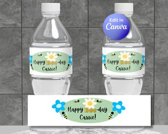 Etiquetas para botellas de agua con temática de abejas para fiestas de cumpleaños, decoración para fiestas temáticas de abejas, decoración DIY para cumpleaños infantiles (plantilla editable de Canva)