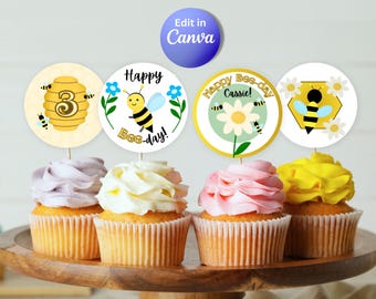 Decoraciones imprimibles para cupcakes con temática de abejas, ideales para fiestas de cumpleaños (plantilla editable de Canva).