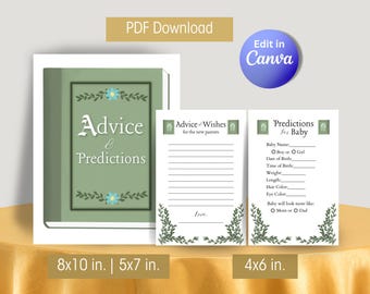 Letrero imprimible con consejos y predicciones para baby shower + Tarjetas, Juegos para baby shower con temática de libros (Plantilla editable de Canva)