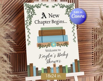 Un nuevo capítulo comienza: Letrero de bienvenida para baby shower, póster de bienvenida para baby shower con temática de libros (plantilla editable de Canva)