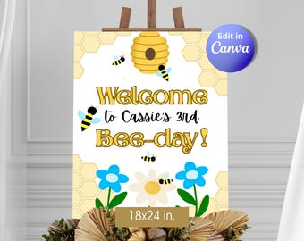 Cartel de bienvenida para fiesta de cumpleaños con temática de abejas, póster para fiesta de cumpleaños infantil, decoración de cumpleaños (plantilla editable de Canva)