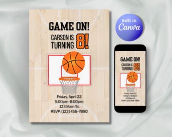 Invitación de cumpleaños con temática de baloncesto, invitación de cumpleaños infantil con temática deportiva (plantilla editable de Canva)