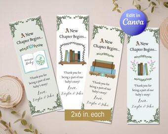 Recuerdos para baby shower: Marcapáginas, Comienza un nuevo capítulo en tu baby shower, Recuerdos de agradecimiento imprimibles (Plantilla editable de Canva)
