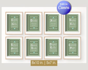 Letreros para mesa de baby shower con temática de libros para imprimir (plantilla editable de Canva)