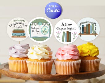 Decoraciones imprimibles para cupcakes de baby shower con temática de libros: Comienza un nuevo capítulo (Plantilla editable de Canva)