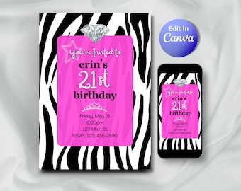 Invitación de cumpleaños con estampado de cebra rosa fucsia, invitación estilo Y2K McBling (plantilla editable de Canva)