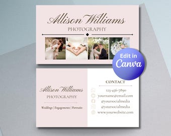 Tarjeta de presentación para fotógrafo, tarjeta de visita para fotografía de bodas y eventos (plantilla editable de Canva)
