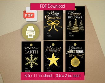 Etiquetas de regalo navideñas imprimibles, elegantes etiquetas negras y doradas para regalos navideños (Descarga PDF)