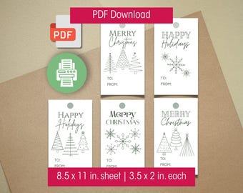 Etiquetas de regalo navideñas minimalistas imprimibles: árboles de Navidad verde oscuro y copos de nieve (descarga en PDF)