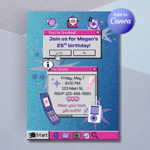 May include: A digital birthday invitation card featuring a Y2K-inspired computer desktop interface with blue glitter background, pop-up windows, a flip phone, a music player, and text reading Join us for Megan's 25th birthday and The Details.