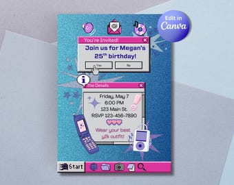 May include: A digital birthday invitation card featuring a Y2K-inspired computer desktop interface with blue glitter background, pop-up windows, a flip phone, a music player, and text reading Join us for Megan's 25th birthday and The Details.