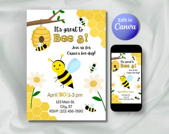 Invitación de cumpleaños con temática de abejas, invitación para el día de las abejas, invitación para fiesta de cumpleaños infantil (plantilla editable de Canva)
