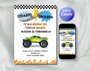 Invitación de cumpleaños con temática de monster trucks, fiesta de monster trucks, invitación para fiesta de cumpleaños de niños (plantilla editable de Canva)