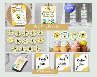 Paquete de decoración de cumpleaños con temática de abejas, letreros y decoraciones imprimibles para fiestas de cumpleaños infantiles (plantillas editables de Canva) (descarga en PDF)