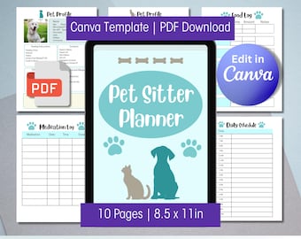 Planificador de cuidado de mascotas, registro e instrucciones para cuidadores de mascotas, cuidado de perros y gatos (plantilla editable de Canva) (descarga en PDF)