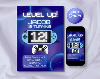 May include: A digital invitation with a blue and purple gradient background. The text reads "Level Up! Jacob is turning 12!" with a pixelated game console graphic. A smartphone displays the same design.