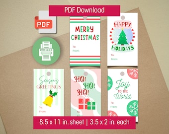 Etiquetas de regalo navideñas imprimibles, en rojo y verde festivo (Descarga PDF)
