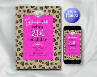 Invitación de cumpleaños con estampado de leopardo rosa intenso, invitación con estampado de guepardo, invitación estilo Y2K McBling.