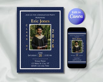 Invitación de graduación azul marino y dorado, invitación de graduación para chicos, promoción de 2026, anuncio de fiesta de graduación (plantilla editable de Canva)