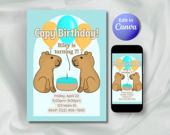 Invitación de cumpleaños de capibara, invitación de cumpleaños de capy, invitación para fiesta de cumpleaños infantil (plantilla editable de Canva)