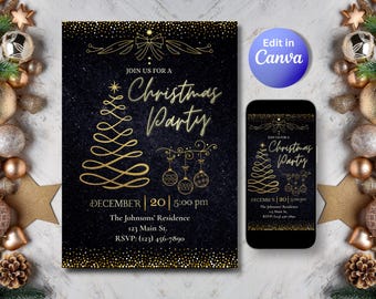 May include: A black and gold Christmas party invitation with a stylized Christmas tree design. The invitation includes the text "Join us for a Christmas Party" and event details. A smartphone displays the invitation. Festive decorations surround the invitation.