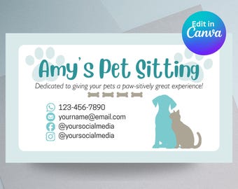 Tarjeta de presentación para cuidador de mascotas, tarjeta para cuidador de perros y gatos (plantilla editable de Canva)