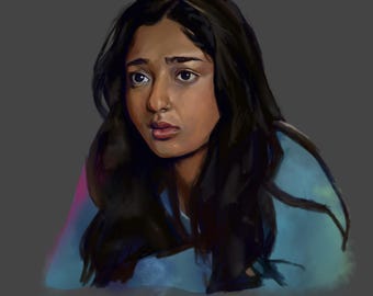 May include: Digital painting of a young woman with dark hair and a concerned expression. She is wearing a blue top, and the background is a muted gray. The artist's signature, @artsyartboy, is in the bottom right corner.