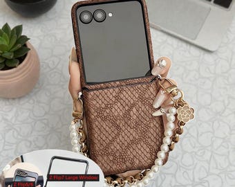 Snake Texture PU Leather Case with Pearl Bracelet Strap, Luxury Back Cover for Samsung Galaxy Z Flip 7 6 5 4 Series