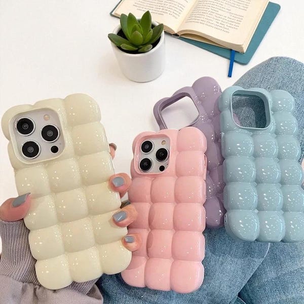 3D Block Lattice iPhone-hoesje voor iPhone 16 15 14 13 12 11 Pro Max – glanzende snoepkleur zachte siliconen bubbeltextuur beschermhoes
