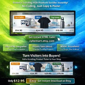 May include: Promotional graphic for ShopScroller PRO, advertising a dynamic product ticker for Etsy shops. The image shows product examples like mugs and t-shirts, with text highlighting ease of use and sales boosting.