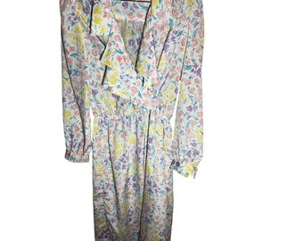 Schrader Sport Vintage 80s Pastel Floral Ruffle Shimmer Midi Dress Womens L