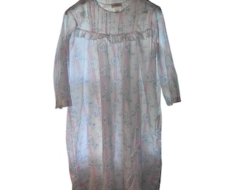 Heiress Vintage Floral Ribbon Stripe Nightgown White Pink Large Made in USA NWT
