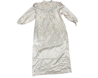 Camisón vintage de satén rosa Silvercord con bordado floral, manga larga, nuevo con etiquetas, talla L.