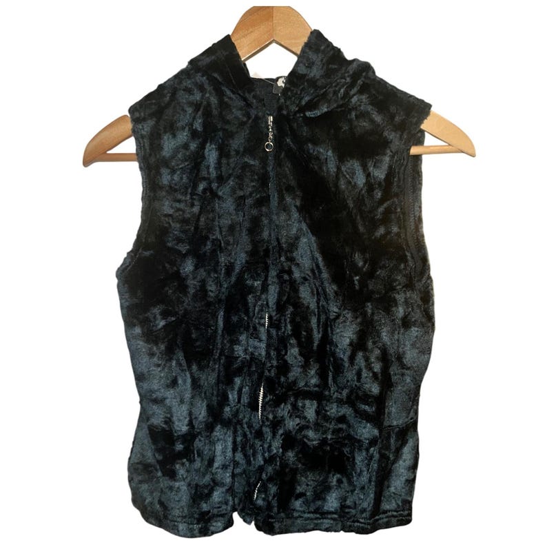 Vintage Free People Navy Velour Hooded Vest Full Zip Womens Medium NOS image 1