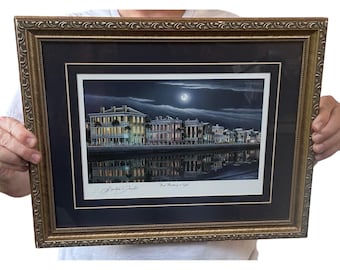 Stephen O Gunter East Battery Night Charleston Lámina artística enmarcada firmada 19x15
