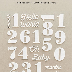 Set of interchangeable numbers and words in self-adhesive ivory felt. It includes number 1 to 12 and Hello World, Oh Baby, Month and Months.