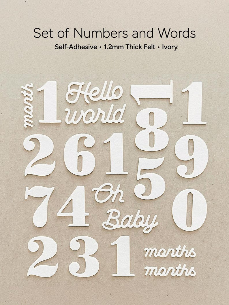Set of interchangeable numbers and words in self-adhesive ivory felt. It includes number 1 to 12 and Hello World, Oh Baby, Month and Months.