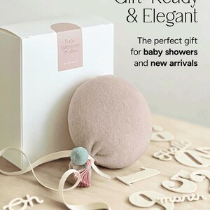 Balloon Baby Milestone Markers with interchangeable numbers and words that come in a gift-ready packaging. Soft neutral muted dusty pink with light blue. Gender-neutral unique baby shower gift idea.
