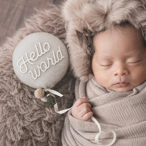 Plush 3D balloon baby milestone marker sign photo prop for baby girl and baby boy's monthly photos. Unique and gender neutral baby shower gift set for modern moms and parents. Includes interchangeable felt stickers: Hello World, Oh Baby, 1 to 12 months.