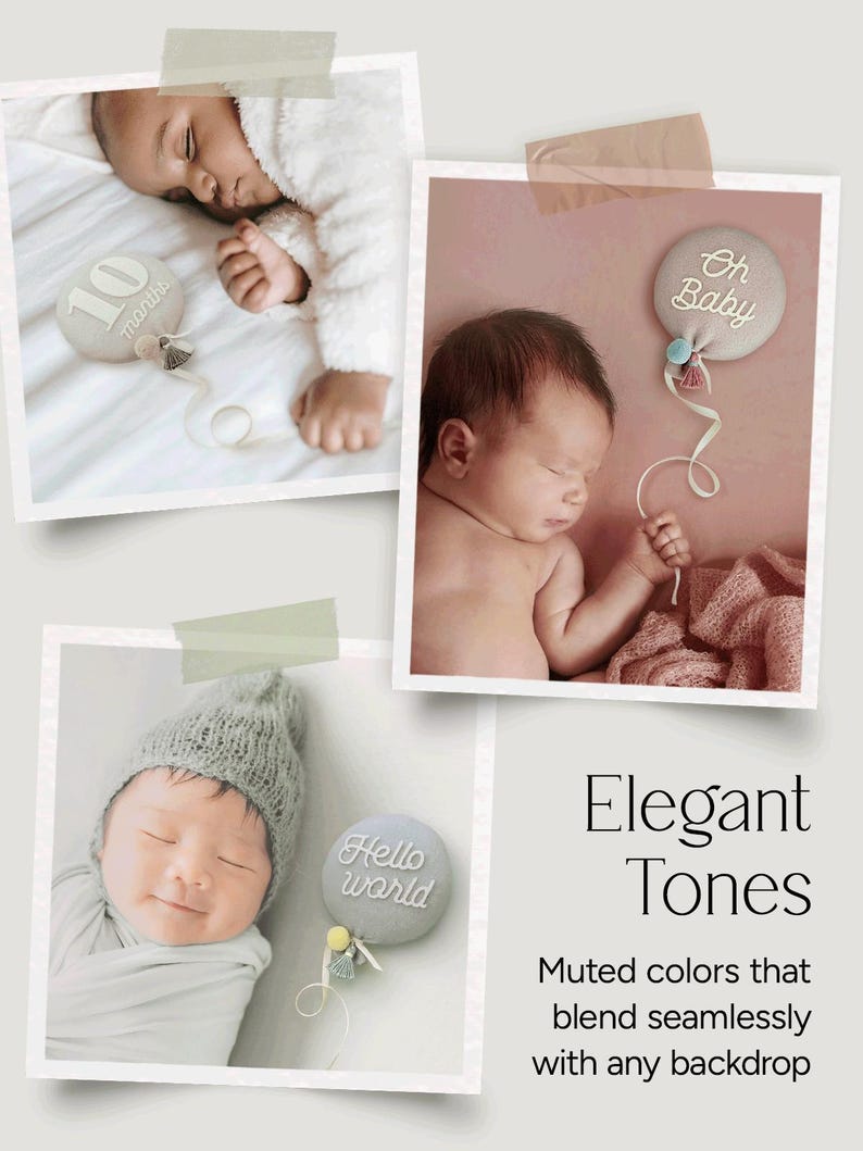 collage of baby milestone photos with 3D balloon shaped signs. The stuffed balloons are plush soft and safe for baby. Sleeping baby photos with unique balloon photo props. Unique baby monthly photoshoot idea